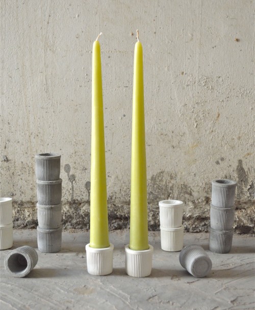 Green taper candles (white holder)